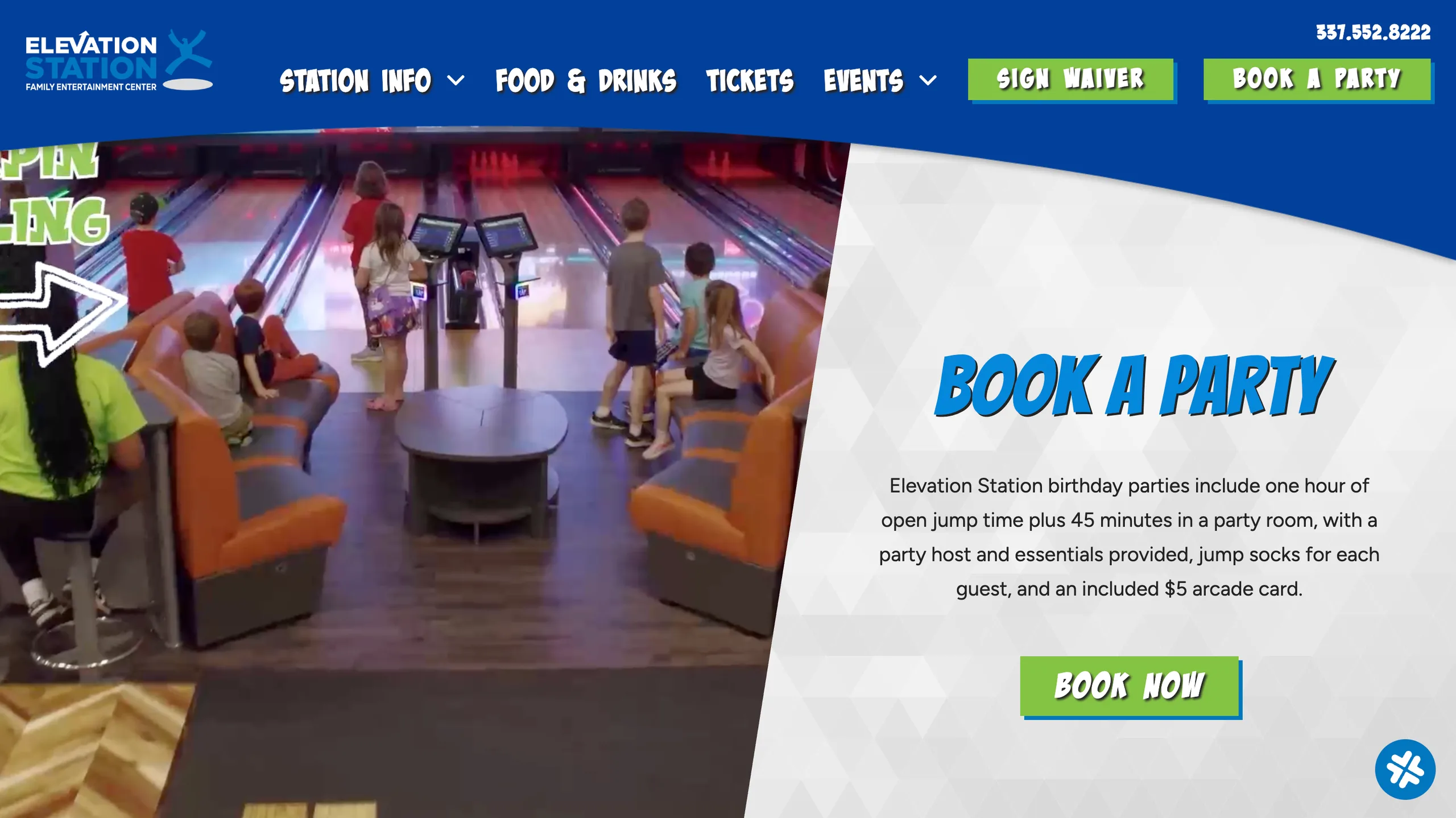 Elevation station Bowling alley party page with a Book a Party heading and Book Now button.