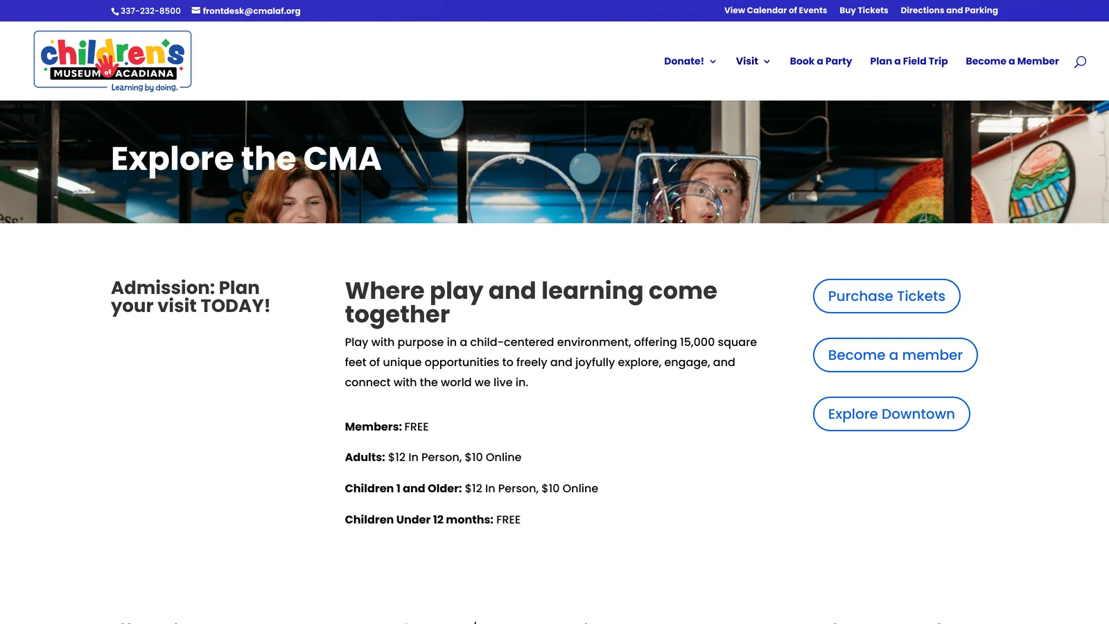 Children’s Museum of Acadiana visit page with navigation, hero banner, and admission details.