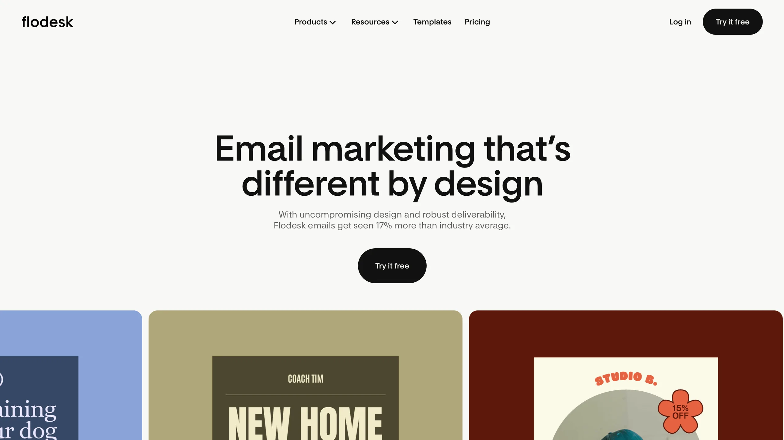 Flodesk homepage screenshot with the headline “Email marketing that’s different by design.”