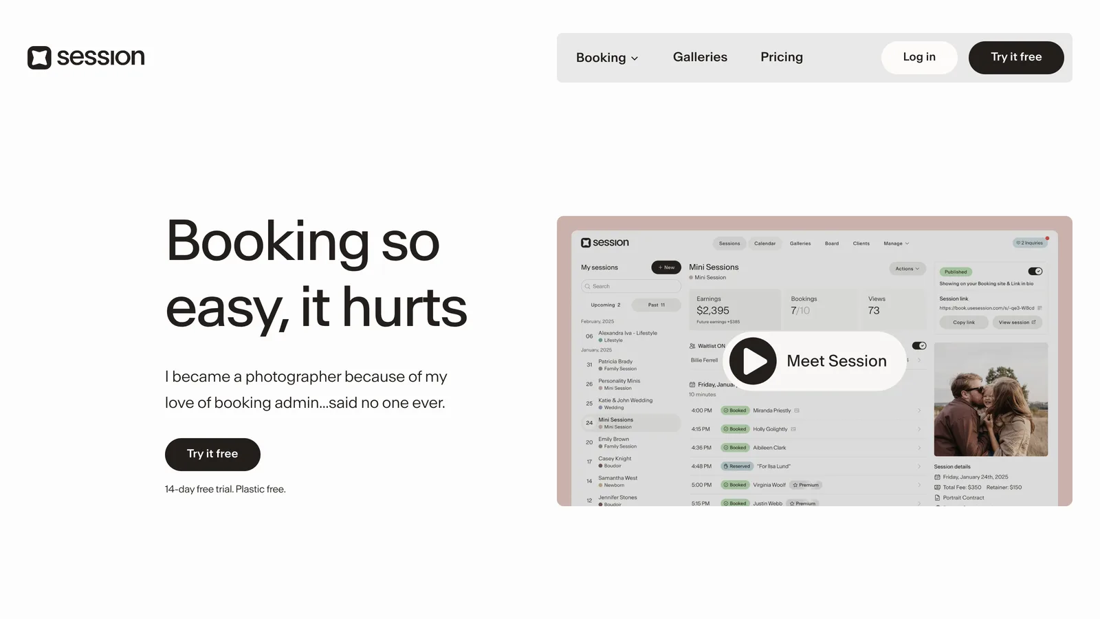 Session landing page with booking headline, trial button, and product interface preview
