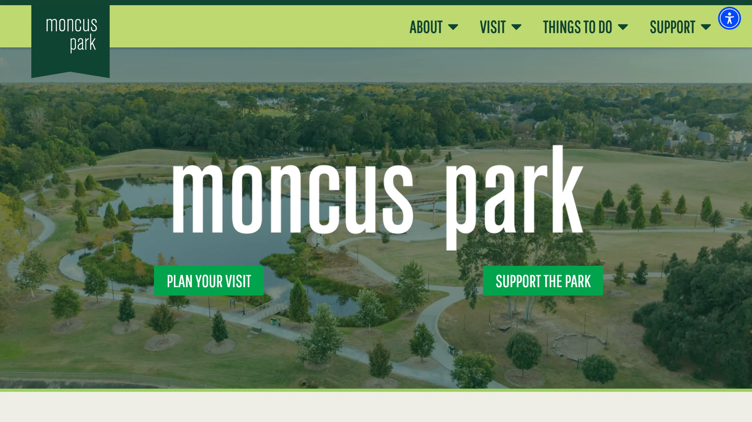 Moncus Park homepage screenshot with a large title over an aerial park photo.
