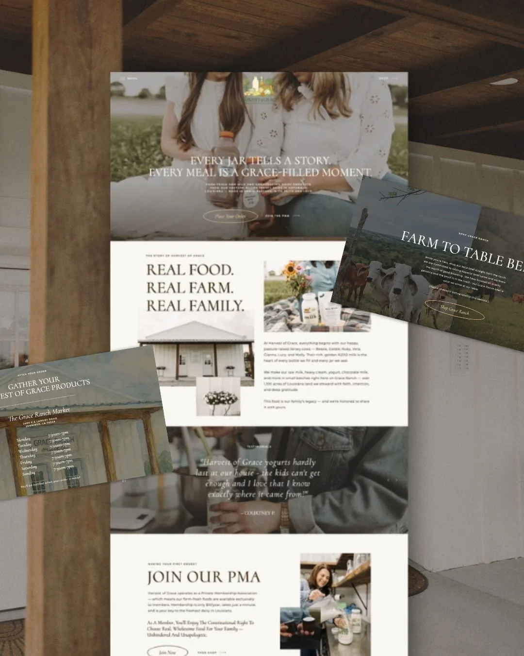 Printed brand mockups arranged on a wooden surface.