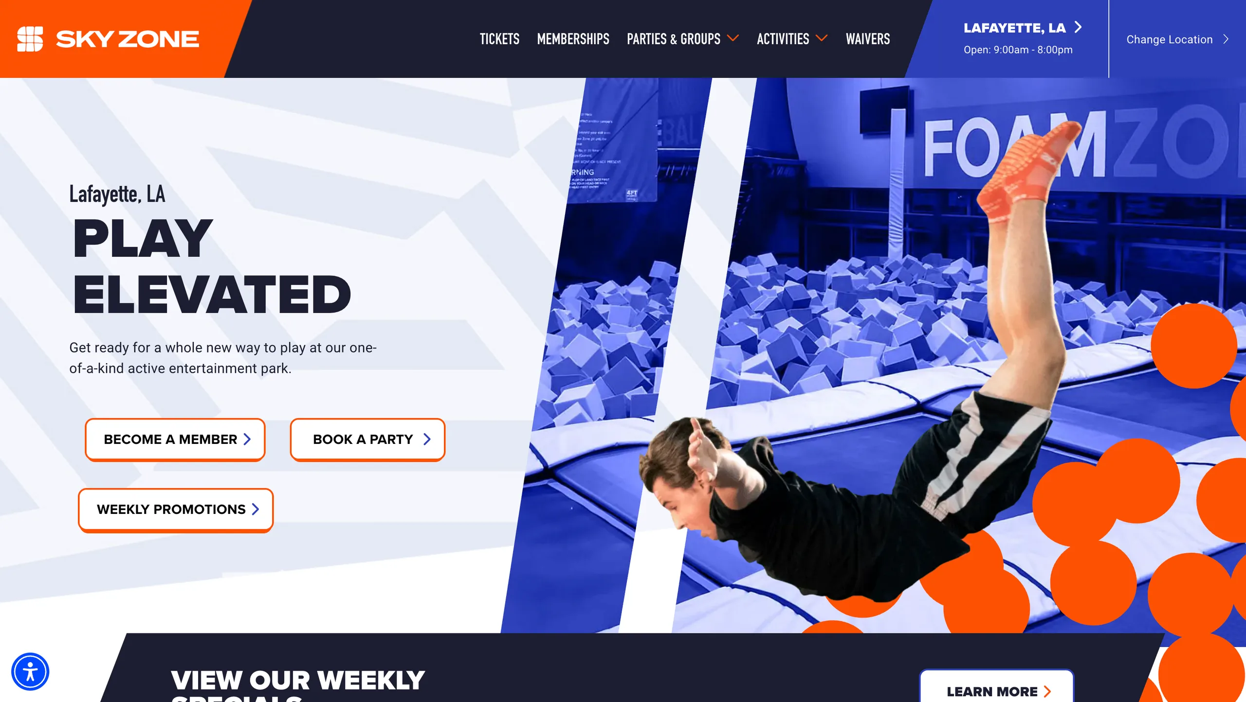 Sky Zone homepage showing a trampoline park hero section with bold orange and blue branding.