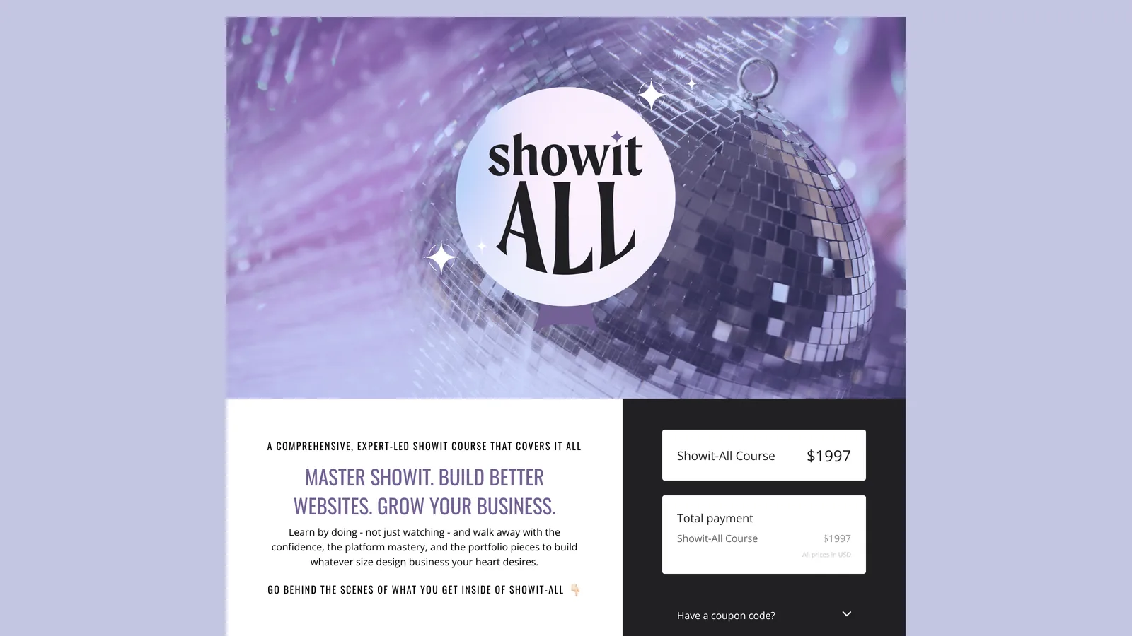 ThriveCart checkout page for the Showit-All Course with a purple disco-ball hero image and order summary.