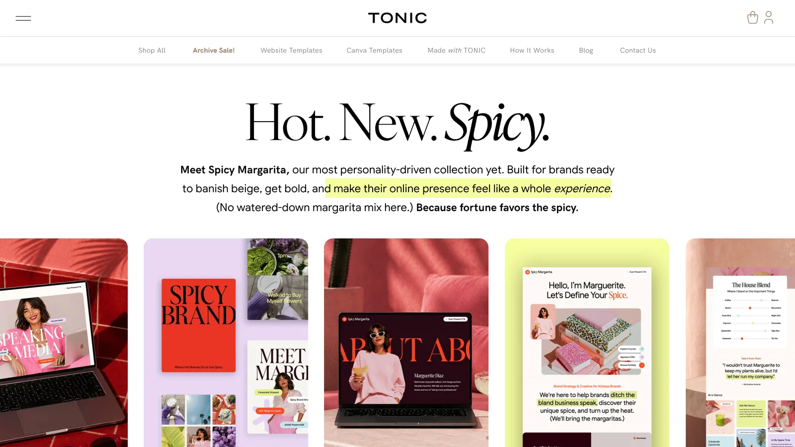 Tonic shop landing page with a large “Hot. New. Spicy.” headline and template previews.
