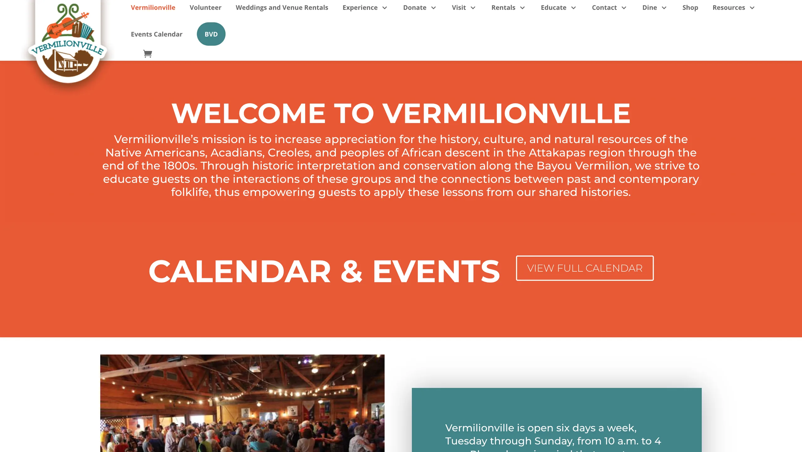 Vermilionville website page with a calendar and events section. — things to do in lafayette with kids