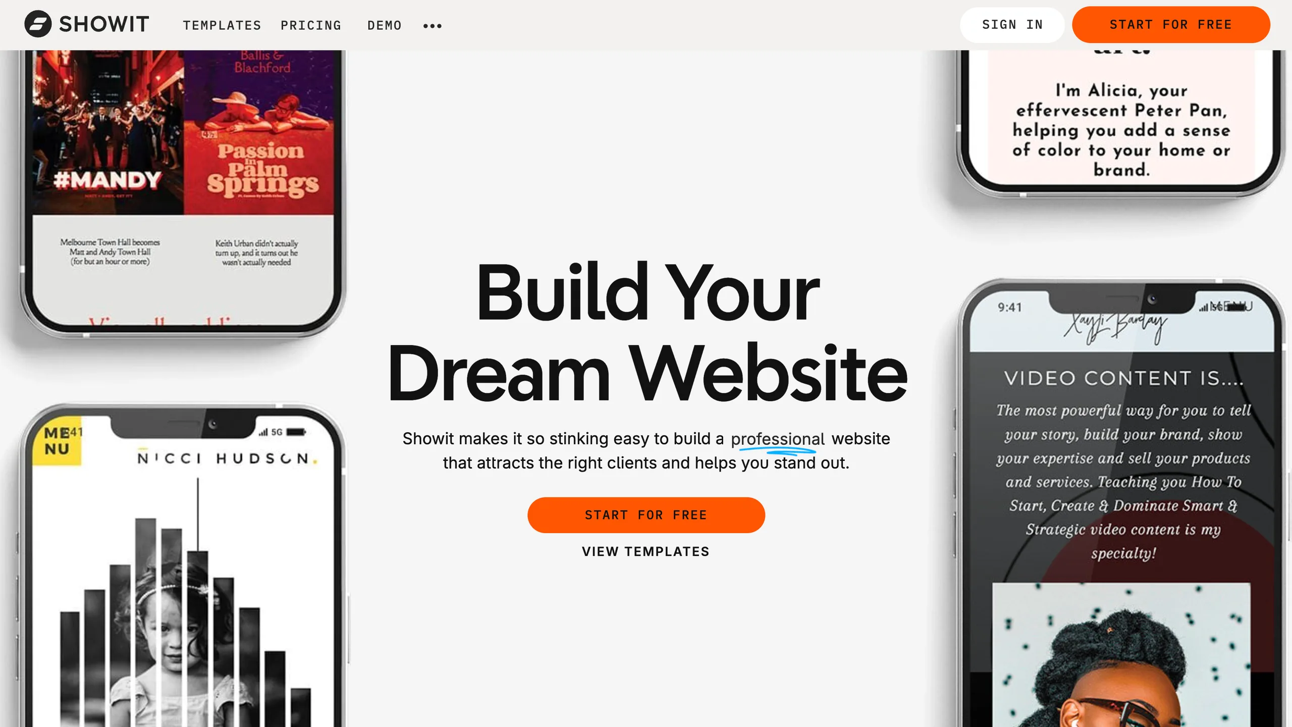 Showit Website homepage screenshot with the headline “Build Your Dream Website” and template mockups.