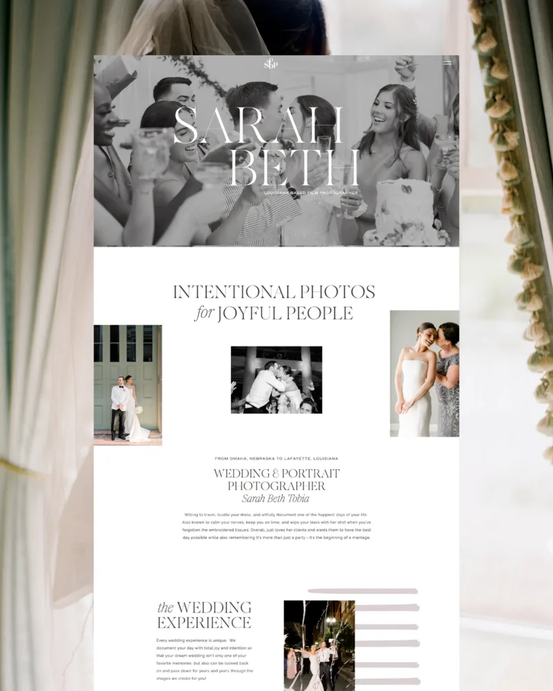 Website mockup with a black-and-white wedding photography layout and centered serif typography.
