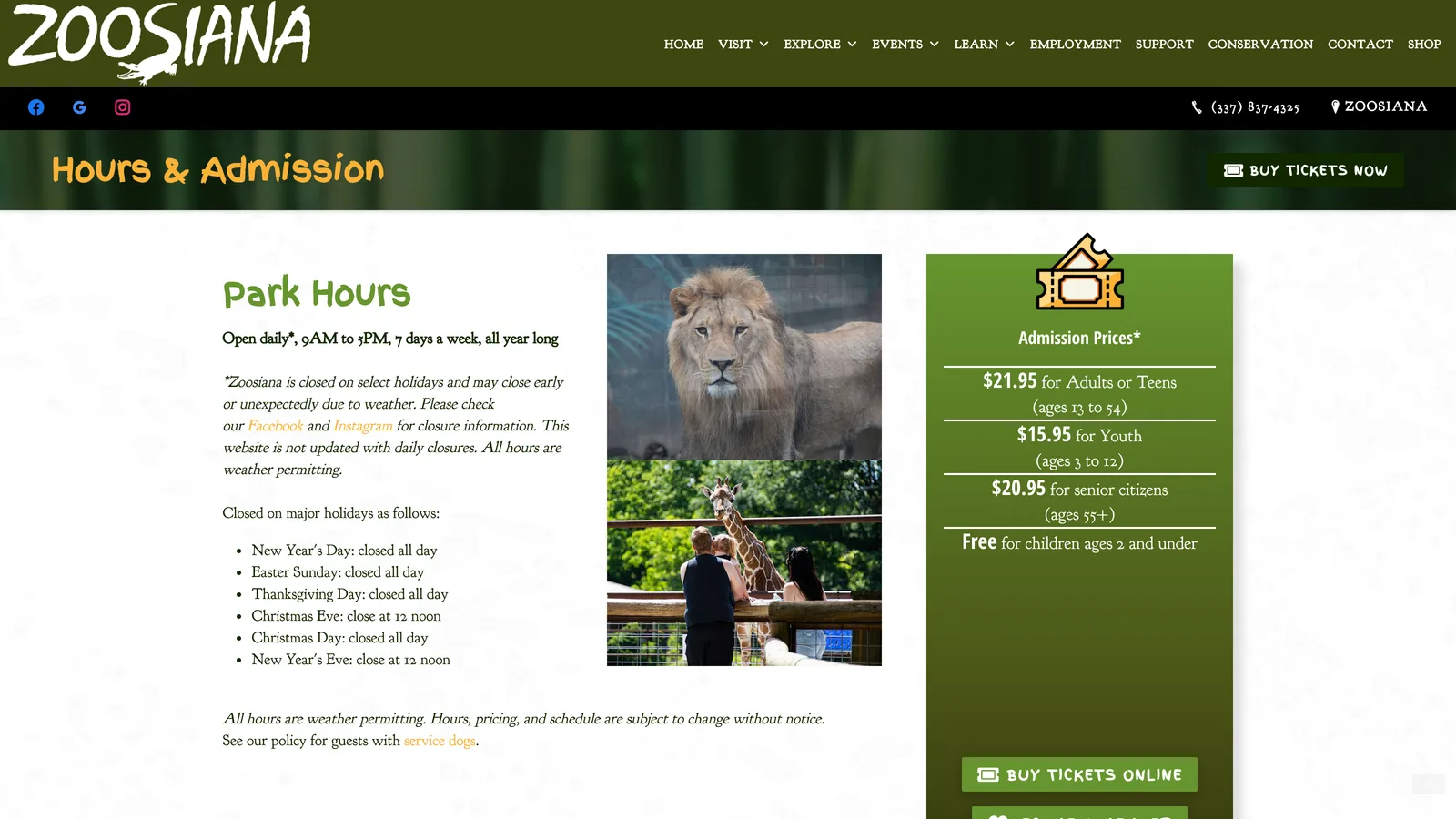 Zoosiana Hours & Admission page with park hours, animal photos, and admission prices.